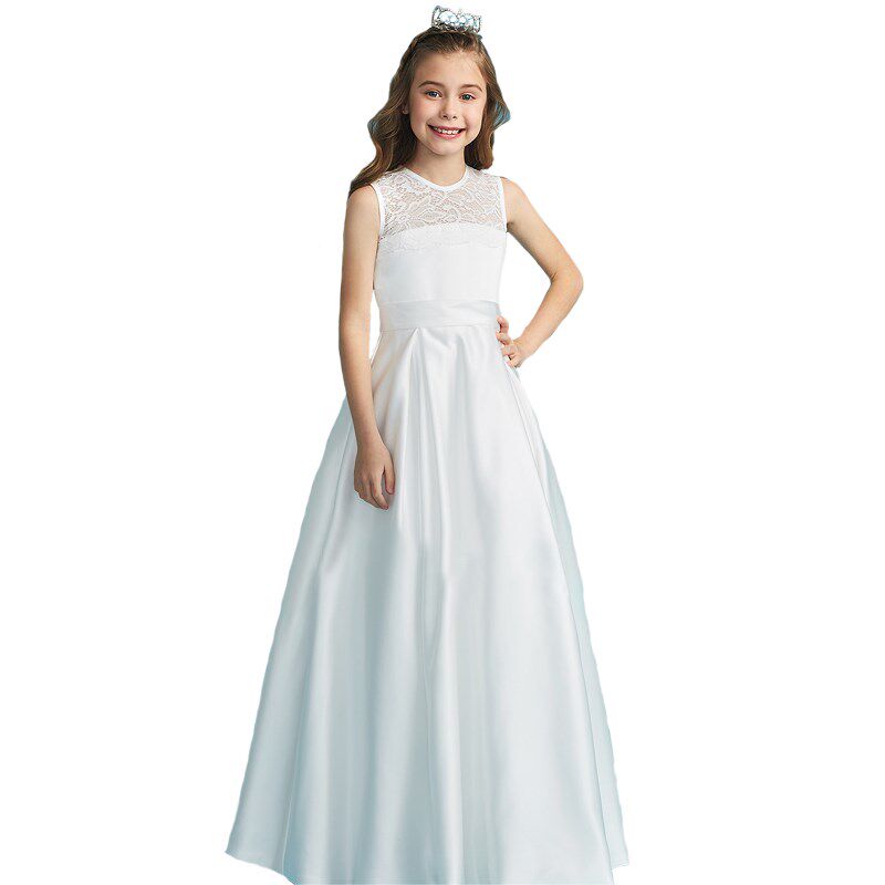 女童小提琴主持人钢琴演出晚礼服儿童伴娘婚纱白色锻面长款公主裙