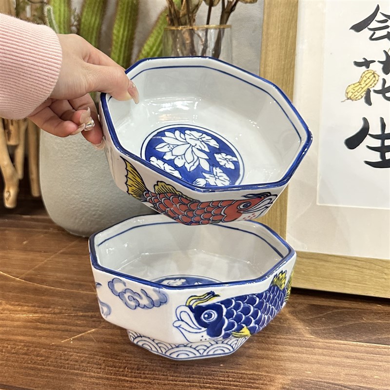 ~锦鲤碗福气来~纯手工的八角碗中式复古手绘青花饭碗菜碗甜品碗