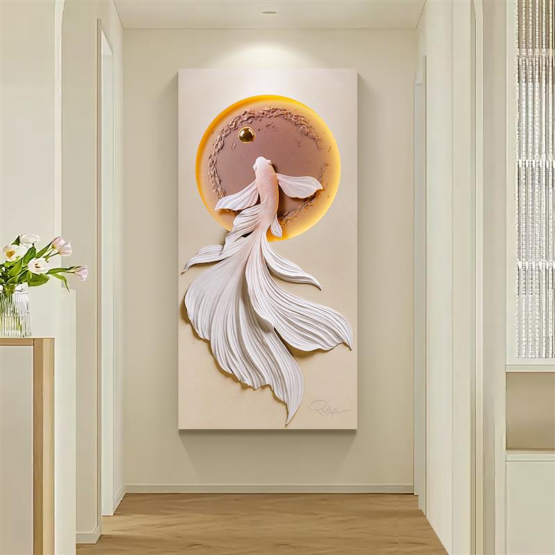 福雕锦鲤鱼3d玄关立体装饰画正对门过道浮雕画挂画客厅背景墙灯光