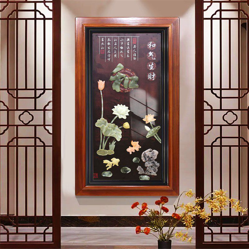 客厅入户玄关装饰画中式实木立体浮雕玉石玉雕画走廊过道竖版挂画