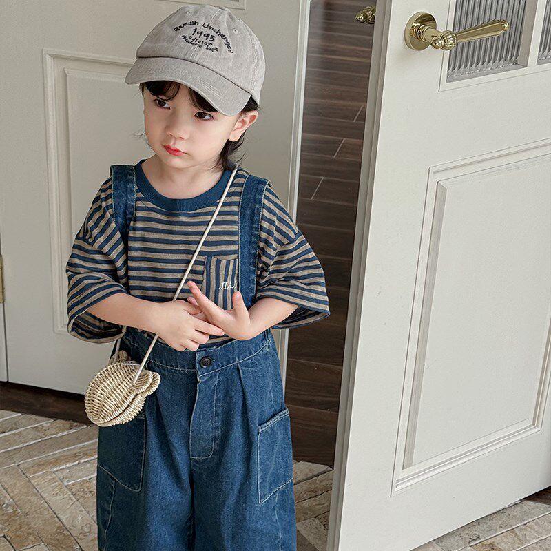 暮晨家新款夏装2024男童棉质牛仔背带裤中小童简约八分裤直筒裤薄