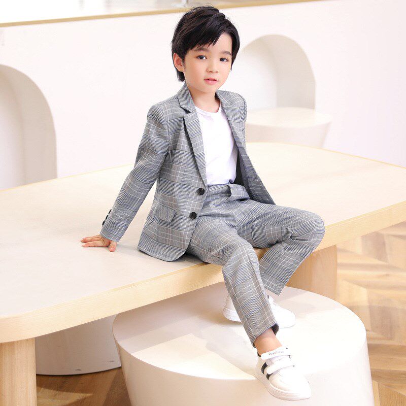 儿童西装套装男童高端礼服英伦风休闲格子小西服花童主持人表演服