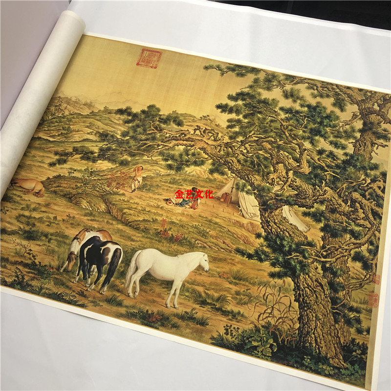 清 郎世宁 百骏图百马图古代名家重彩工笔长卷国画高清微喷装饰画