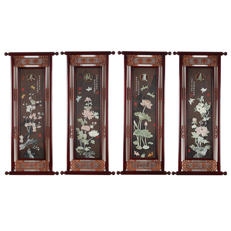 梅兰竹菊客厅沙发背景墙装饰画中式办公室书房四联挂画3d立体玉雕
