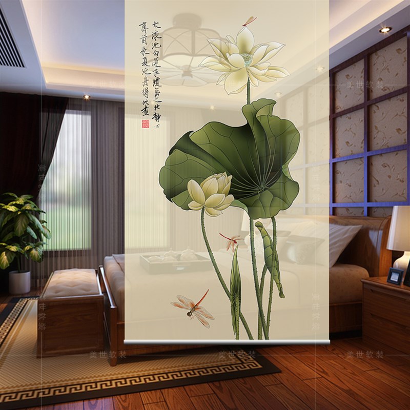 中式挂式屏风隔断玄关帘软隔断时尚客厅玄关挂屏卷帘【荷花4】
