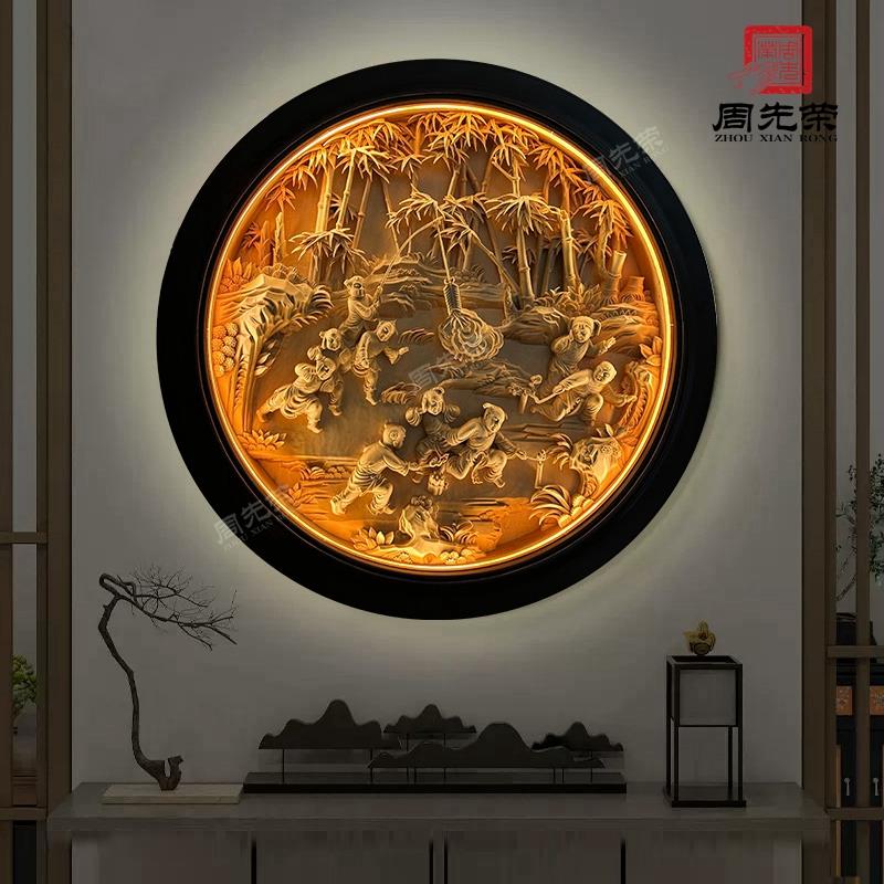 【吉庆图】古代婴孩孩童东阳木雕圆形壁挂新中式唐风定制手工雕刻