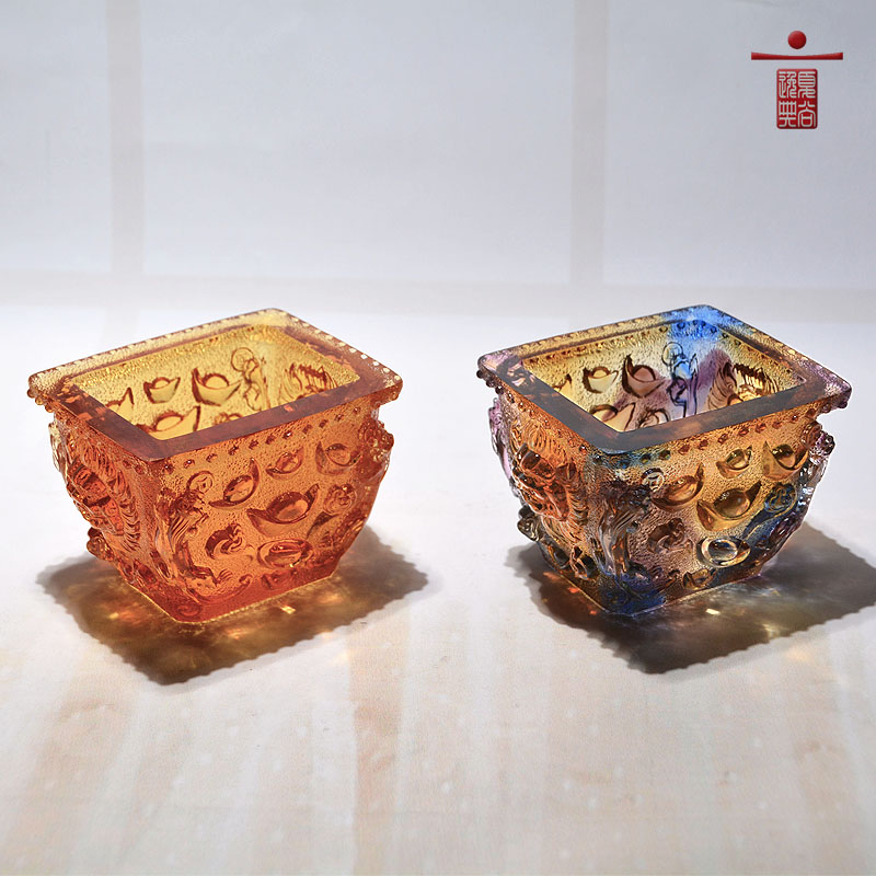 琉璃工艺品桌面门口玄关钥匙收纳盒中式创意水晶聚宝盆办公室摆件