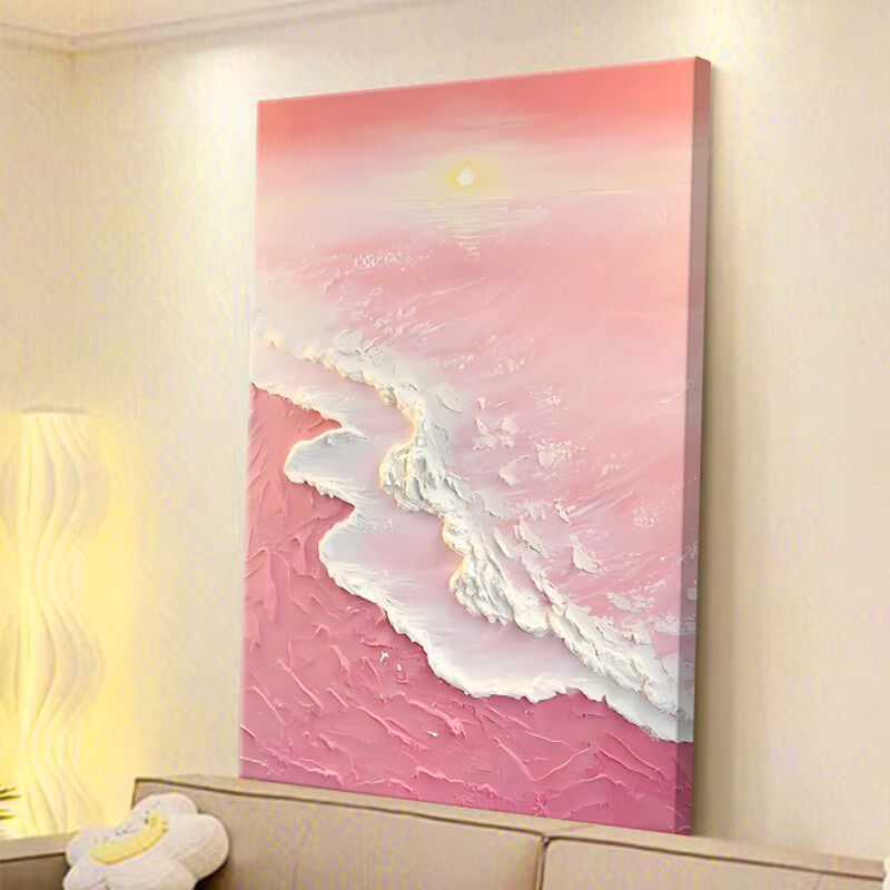 粉色沙滩石英砂手绘油画客厅沙发背景装饰画肌理大海浪漫玄关挂画