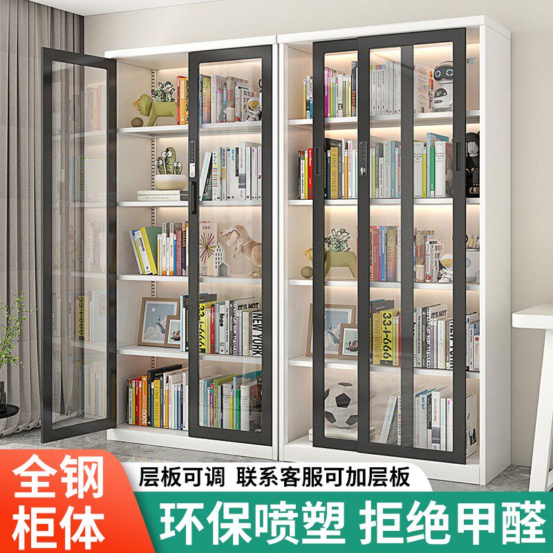 家用轻奢推拉移门书柜落地防尘玻璃门展示柜客厅书房铁艺储物带锁