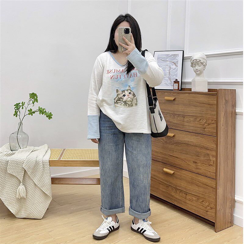 大码黑色直筒牛仔裤女款春秋新款胖mm宽松裤子梨形身材九分阔腿裤
