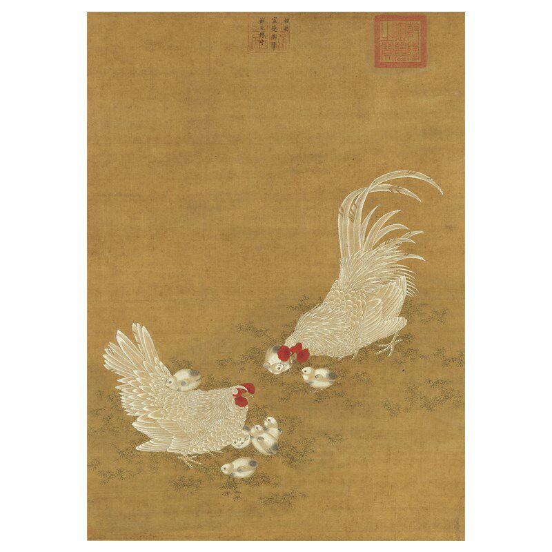明宣宗子母鸡图 传统工笔花鸟画临摹范本 中式装饰画艺术绢布画心 - 实物图