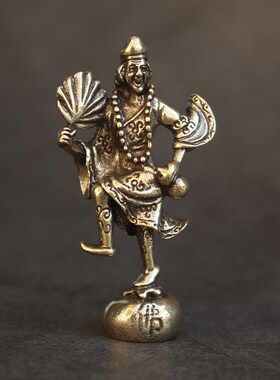 复古实心纯黄铜办公桌面车载小摆件济公佛茶宠工艺品手把玩件饰品