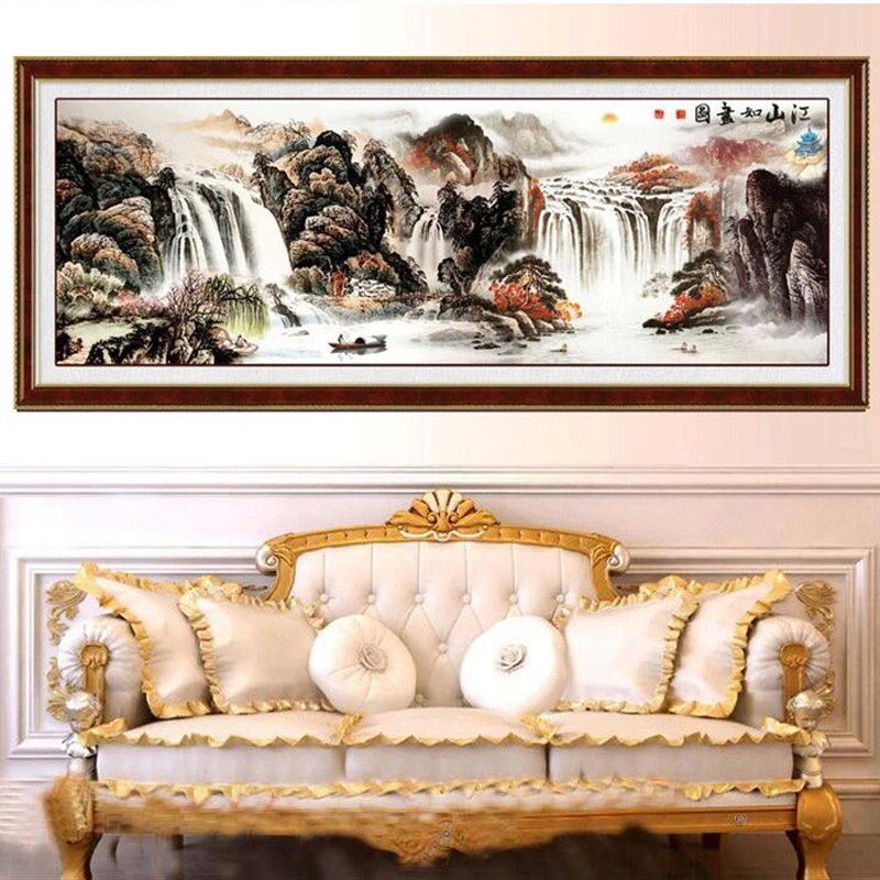 纯手工十字绣成品江山如画图流水生财聚宝盆风景画出售 已绣好的