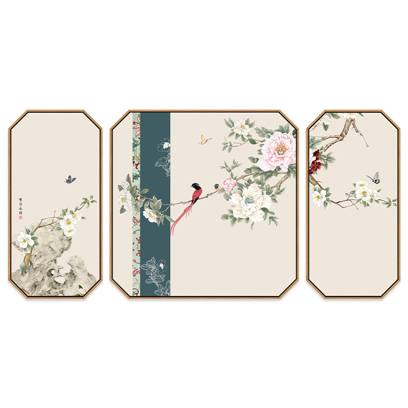 新中式客厅牡丹三联画挂画沙发背景墙装饰画书房茶室壁画花鸟墙画