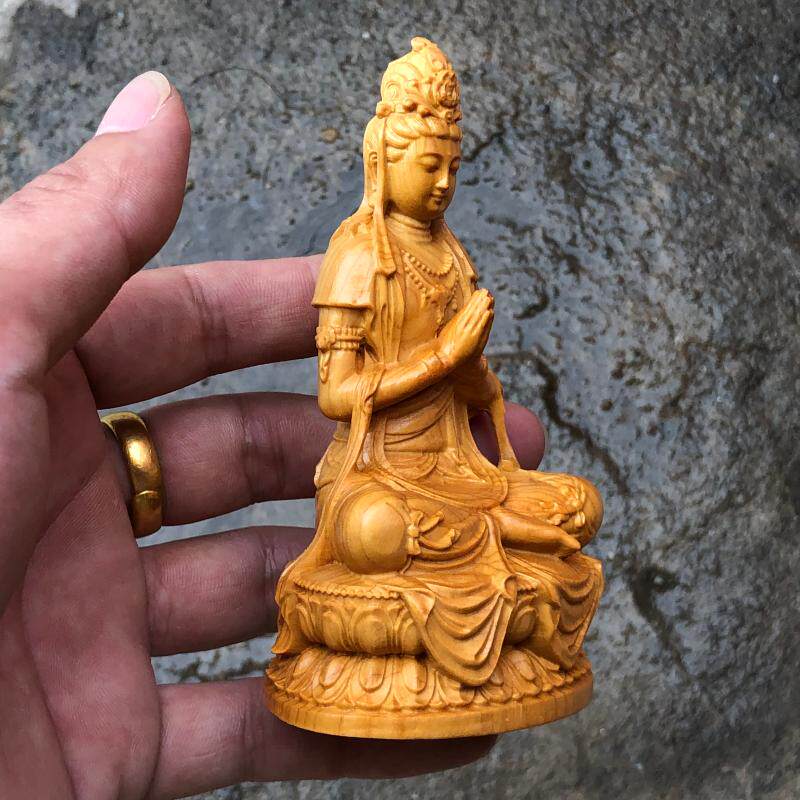 崖柏木雕坐莲合十观音菩萨车载中控人物佛像摆件家居寺庙供奉饰品