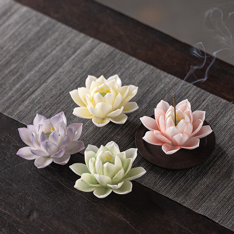 纯手工冰种陶瓷雪莲花线香香插香炉送女友生日摆件家用室内香薰炉