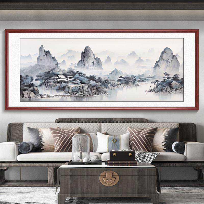中式挂画沙发背景墙山水画客厅东西墙风景画茶室装饰画办公室壁画