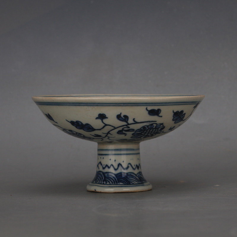 明青花麒麟高足果盘古董古玩仿古瓷器全手工绘画古典家居装饰摆件