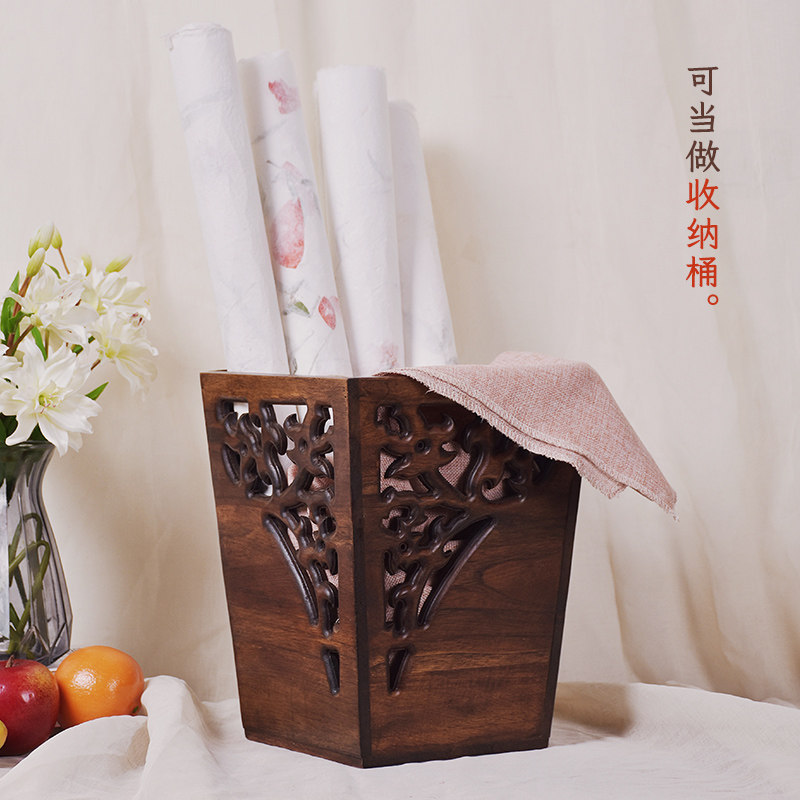 垃圾桶木质家用厨房卫生间方形中式垃圾桶客厅实木垃圾篓复古款
