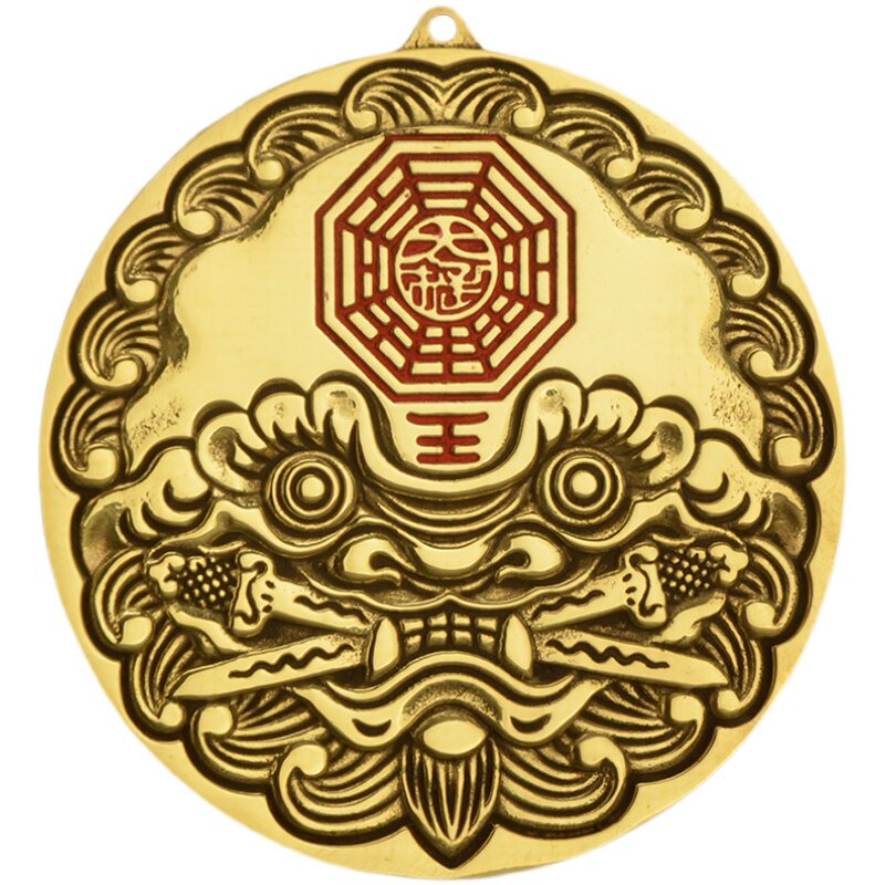 海神门福贴门对门化解挂件家用门冲虎狮咬双剑吞口纯铜虎头八卦镜