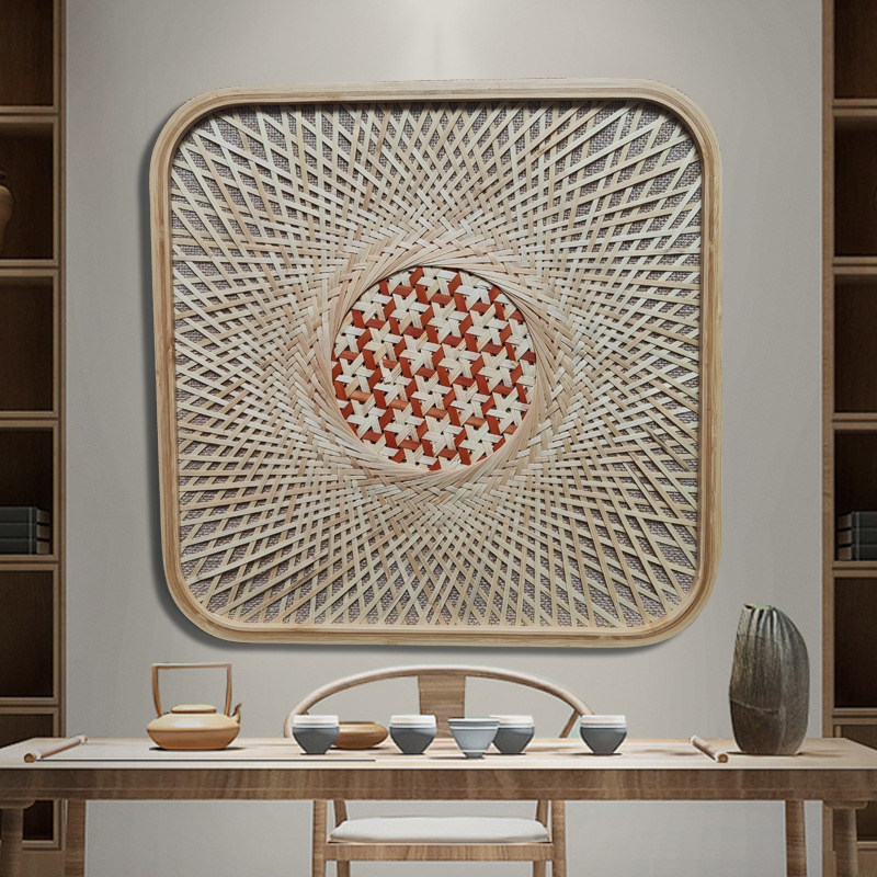 原木风竹编实物装饰画卧室茶楼墙壁画玄关圆形餐厅挂画纯手工画框