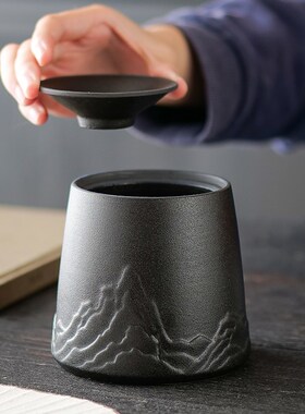 创意简约江山海浪陶瓷烟灰缸防飞灰家用黑陶建水茶盂水培花瓶装饰