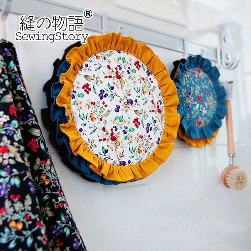 缝物语美式乡村复古田园夹棉隔热布艺荷叶边餐垫锅垫杯垫草莓硕果