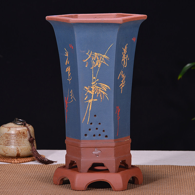 宜兴紫砂花盆君子兰花盆吊兰带托盘六角陶瓷花盆室内阳台兰花专盆