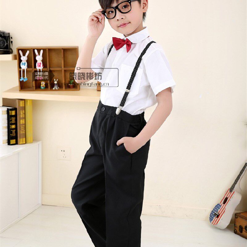 男童表演套装儿童背带西裤短袖白色衬衫西装黑色长裤花童演出服