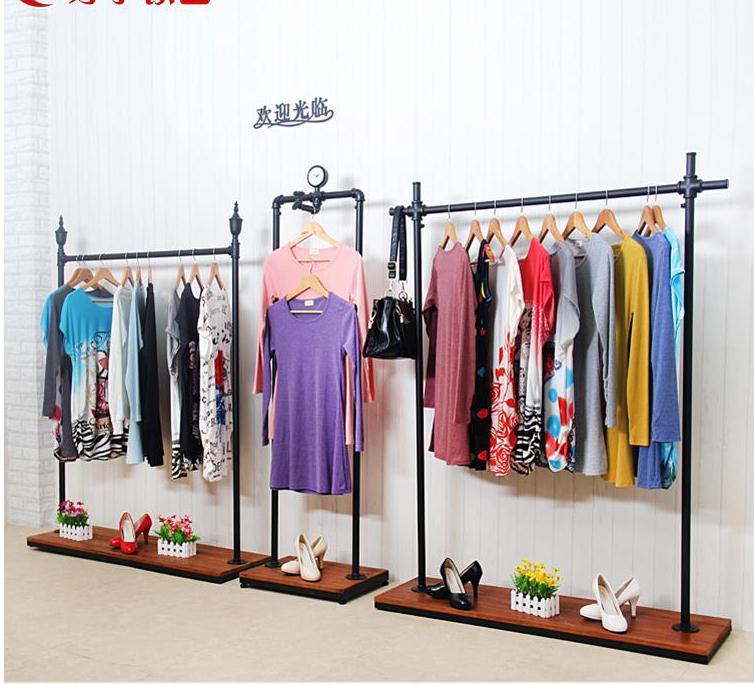 复古实木铁艺服装展示架货架落地靠墙中岛架正侧挂衣架陈列架包邮