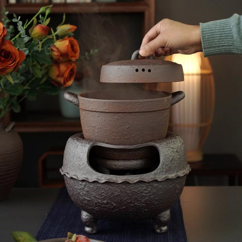 围炉煮茶粗陶岩泥木炭炉煮茶炉家用中式复古烤火碳烤炉户外功夫泡