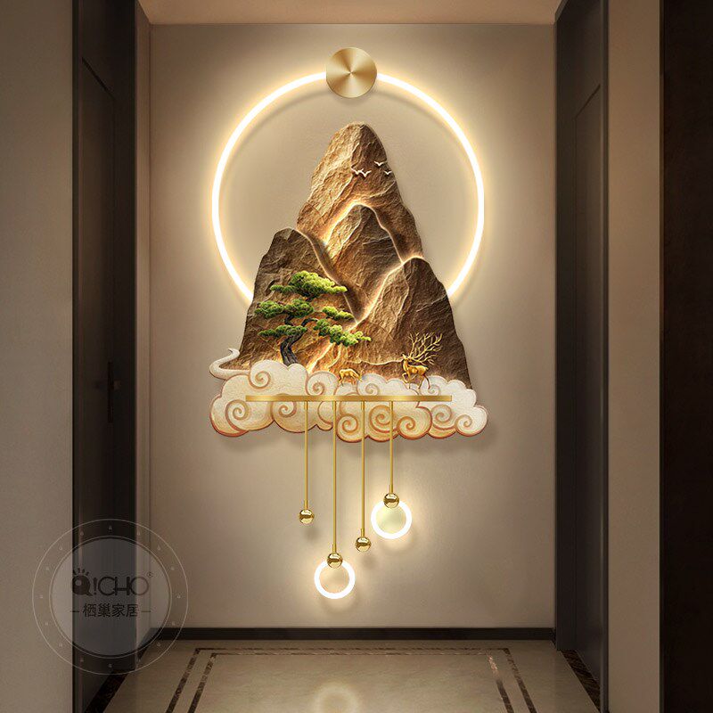 新中式背有靠山玄关装饰画九鱼图入户门挂画大气山水立体壁灯画