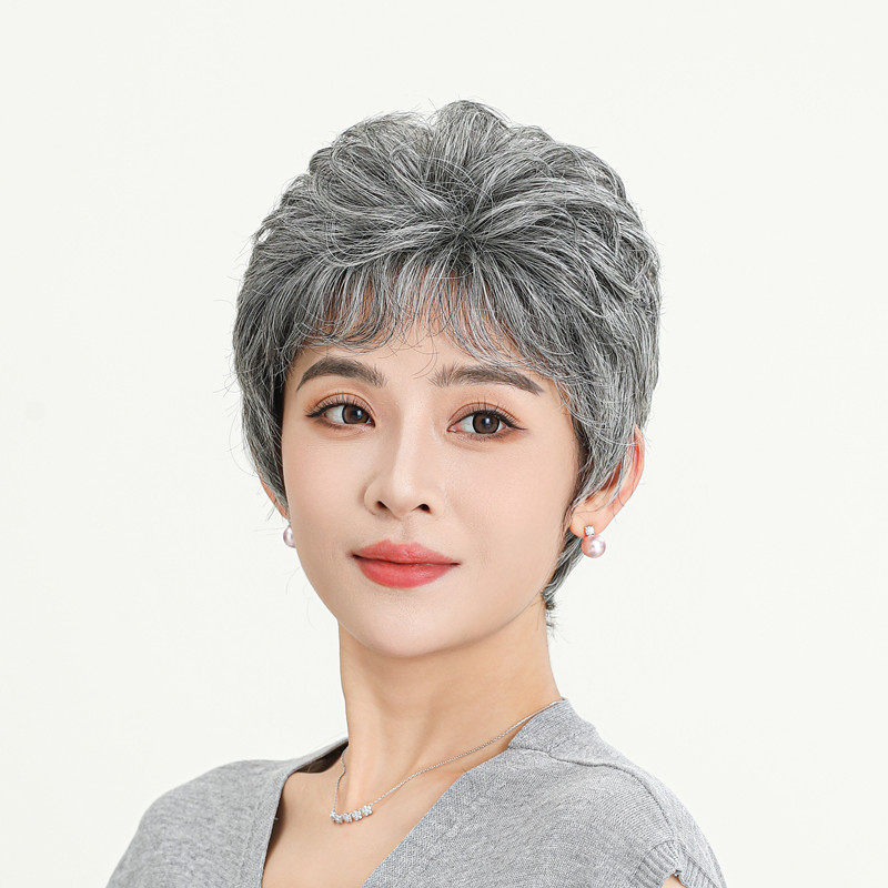 假发女短发花白奶奶中老年假发套表演道具老太太卷发老人全头白发