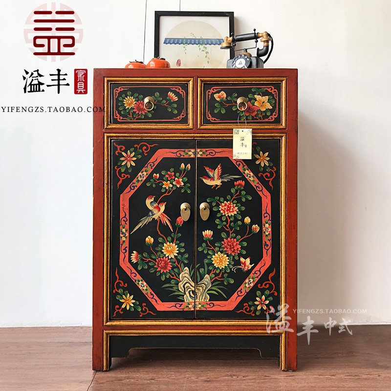 新中式复古典玄关柜做旧彩绘床头柜小户型明清手绘客厅卧室小边桌