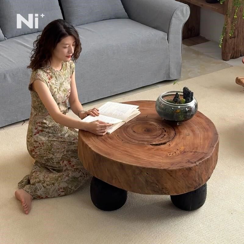 Ni尼家法式中古实木圆形茶几民宿酒店原木复古诧寂风矮桌创意桌子