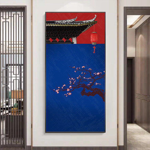 国潮装饰画中国红明清古典玄关走廊过道壁画新中式风花鸟建筑挂画