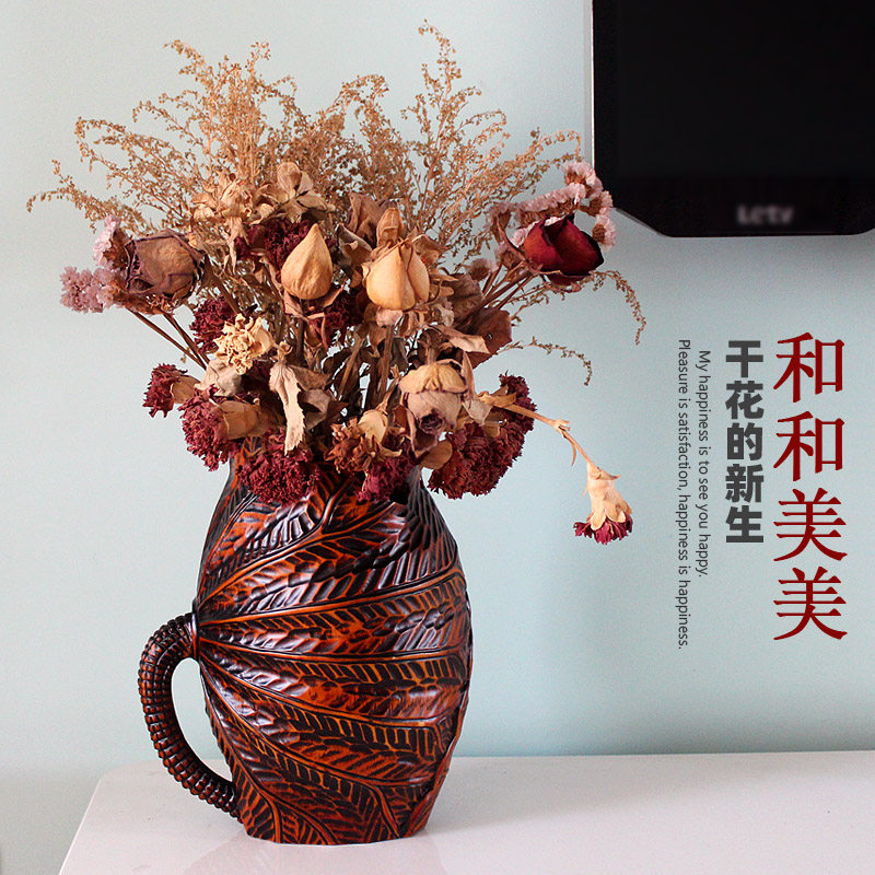 新中式风格怀旧文艺客厅莲蓬大麦干花插花实木装饰复古矮花瓶摆件
