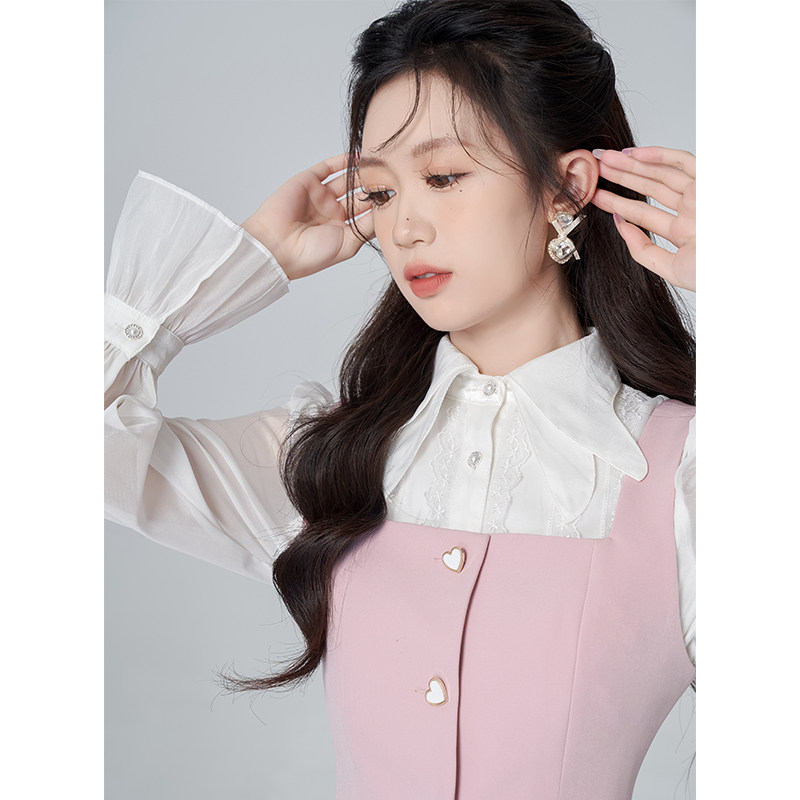 蕾丝边衬衫连衣裙女春季网纱公主裙子设计感吊带马甲甜美两件套装