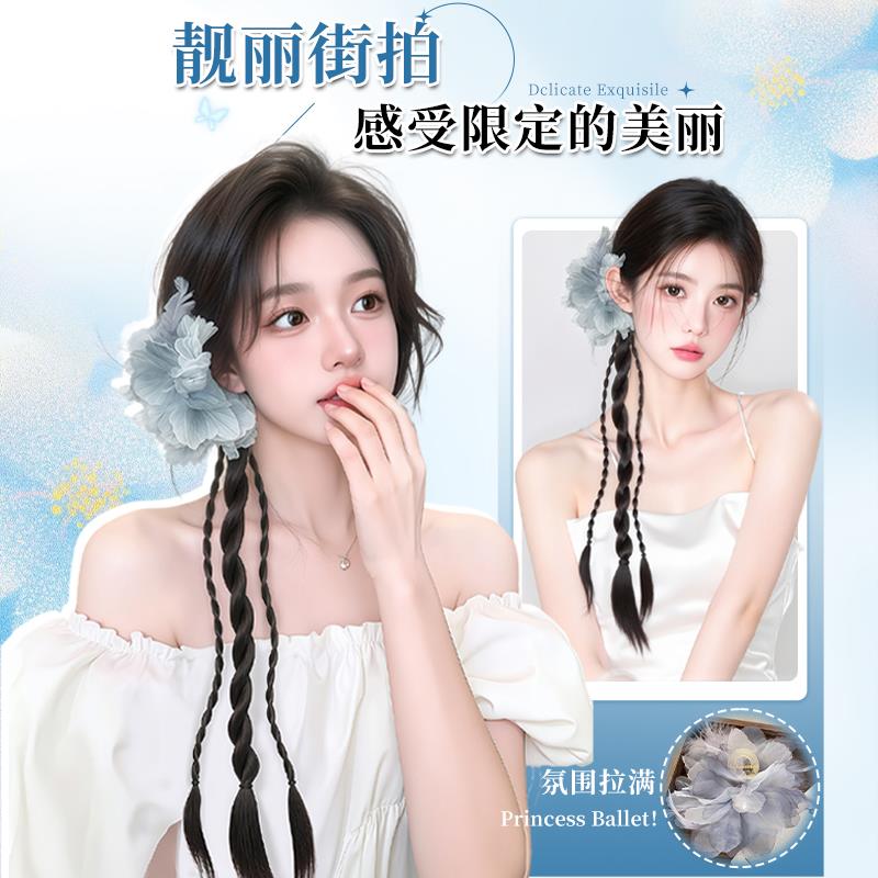 假发辫子羽毛花朵抓夹新中式侧马尾麻花扭扭辫旗袍古风假发辫马尾图片