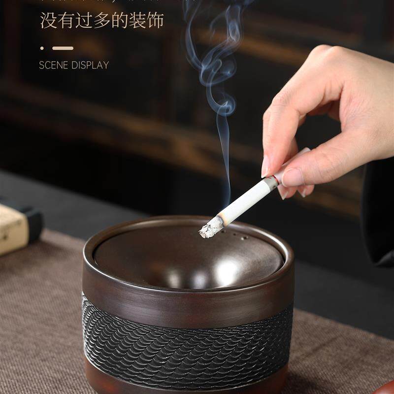 唐丰紫陶跳刀烟灰缸带盖防飞灰家用中式覆古烟盅茶缸茶具配件香插