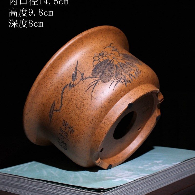 圆口形金钟精品紫砂花盆花鸟图唯珍手工柴烧小盆景盆栽多肉菖蒲盆