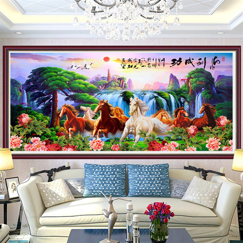 5d钻石画满钻迎客松马到成功贴钻十字绣八骏图客厅风景画2021新款