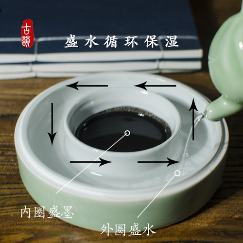 陶瓷砚台带盖保湿中国风墨池文房墨盘墨碟墨海多功能火锅砚双圈