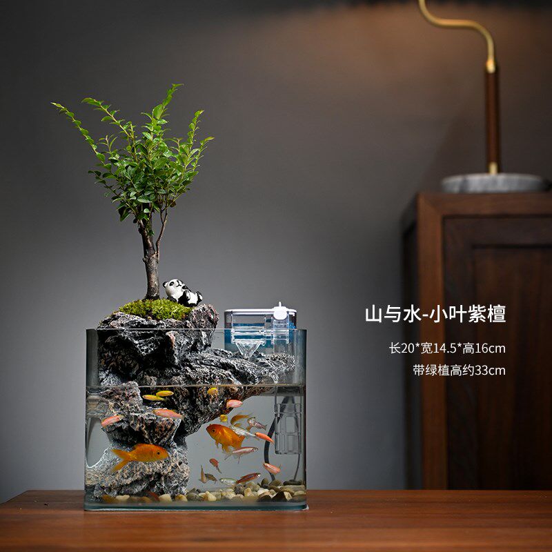 新中式文竹自循环生态小鱼缸家用客厅桌面观赏流水摆件迷你微景观