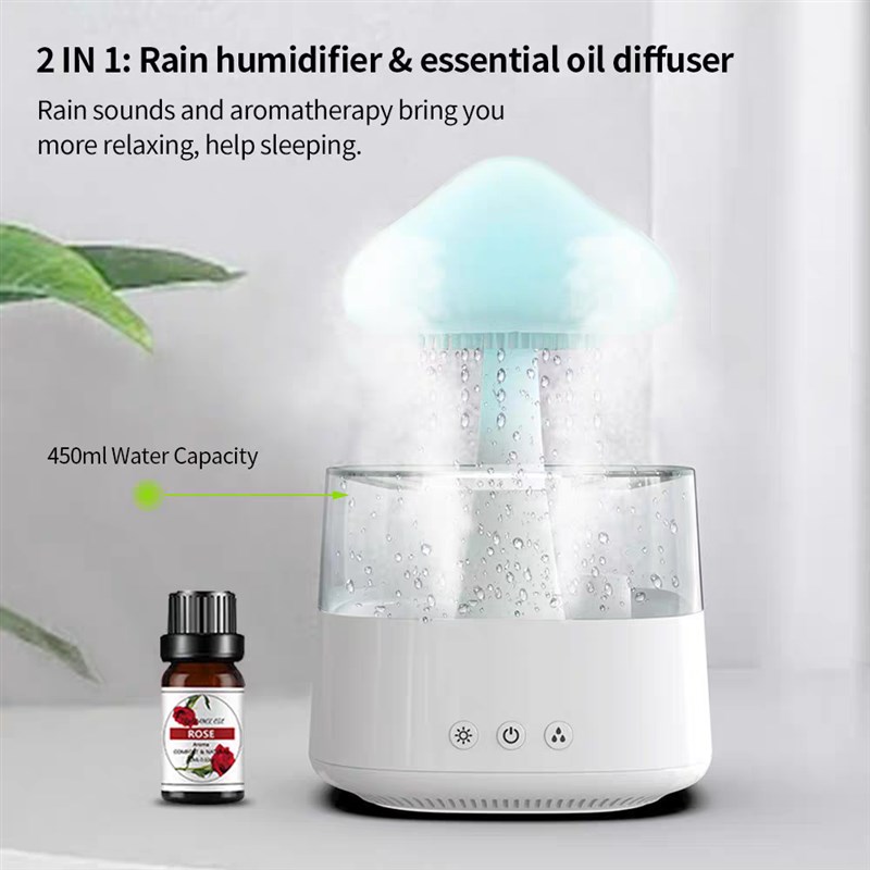 云朵下雨加湿器 超声波雾化加湿七彩蘑菇夜灯家用香薰机云雨阔香