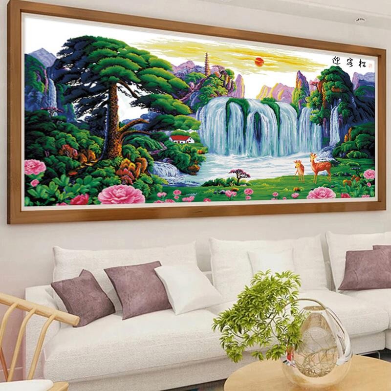 迎客松山水风景画2021清新款5D水晶钻石画满钻客厅贴钻十字绣卧室