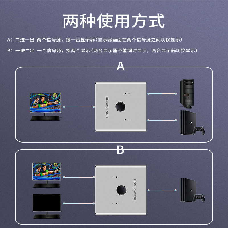 跃创兴 hdmi切换器二进一出一分二4K超清分支器分配器分屏器2切1