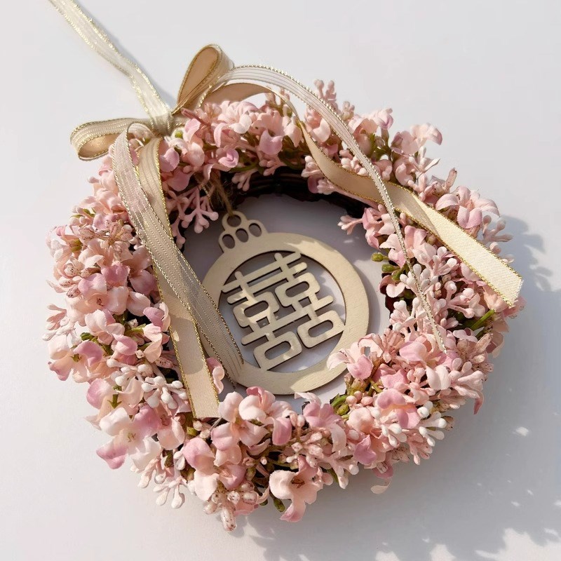 结婚喜字花环挂件藤编挂饰婚房背景墙布置床头装饰壁挂手工制作
