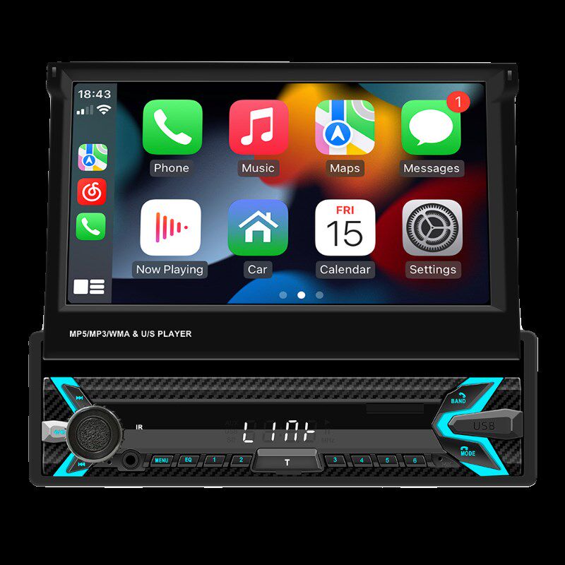 通用7寸自动伸缩屏单锭车载MP5播放器倒车蓝牙收音机 无线carplay