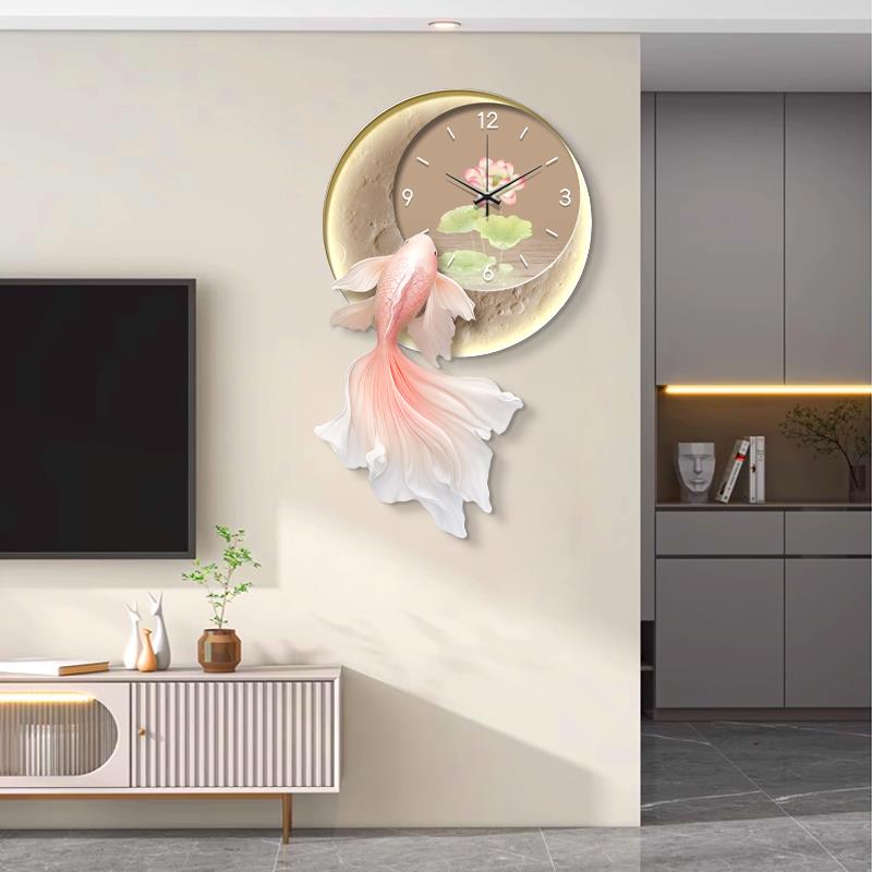 创意锦鲤客厅钟表装饰画轻奢高级沙发背景墙灯画新款餐厅时钟挂画